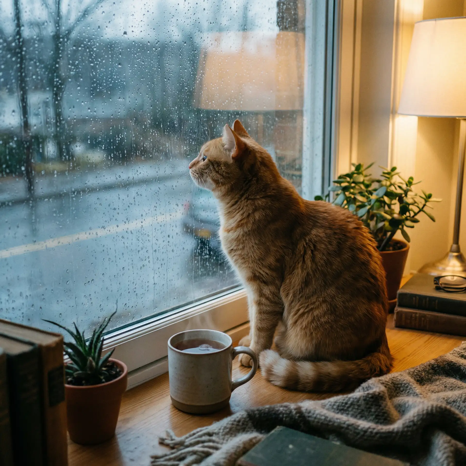 猫咪望着窗外的雨 - 大团圆结局一家亲